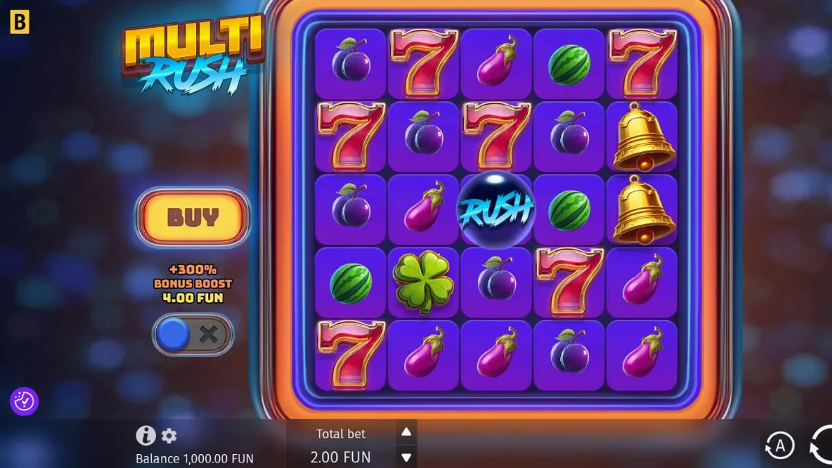 Tampilan visual neon retro dari slot Multi Rush dengan simbol buah bercahaya