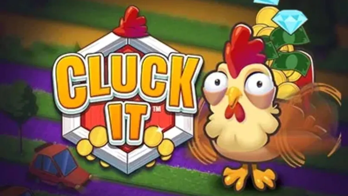Tampilan visual permainan Cluck It dengan tema peternakan yang ceria