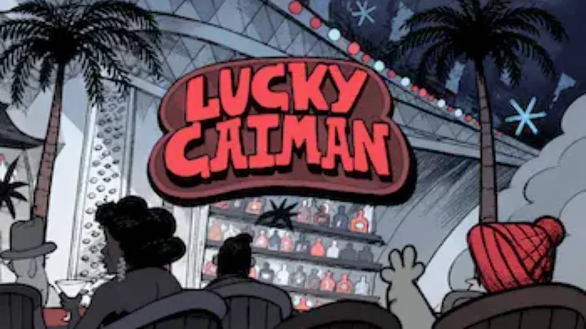Lucky Caiman slot game interface with cartoon crocodile host
