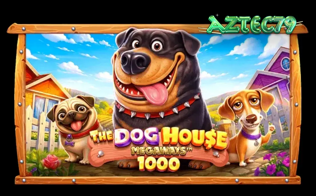 Tampilan visual slot The Dog House Megaways 1000 dengan karakter anjing yang ceria